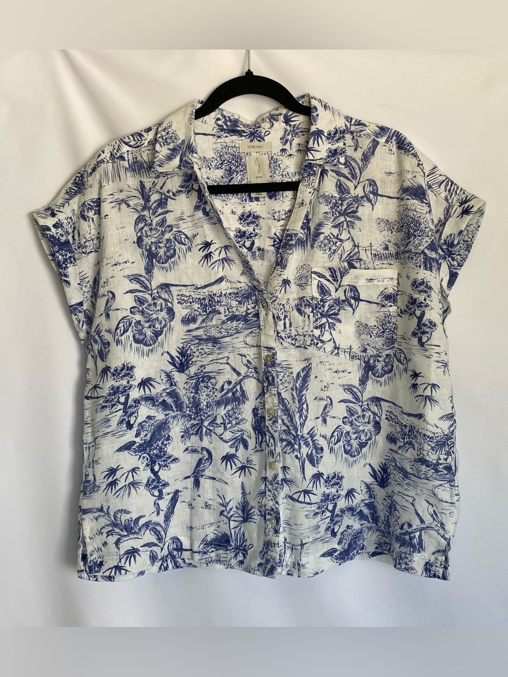 Joie White and Blue Tropical Print Button-Down Shirt